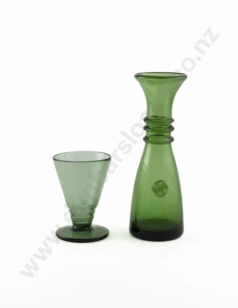 European Green Glass Carafe & Conical Beaker Image 1++