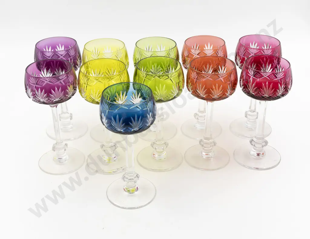 Set Of Eleven Bohemian Glass Multi-Coloured Hock Glasses Image 1++
