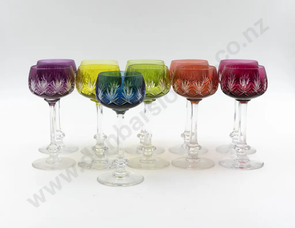 Set Of Eleven Bohemian Glass Multi-Coloured Hock Glasses Image 1++