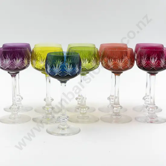 Set Of Eleven Bohemian Glass Multi-Coloured Hock Glasses