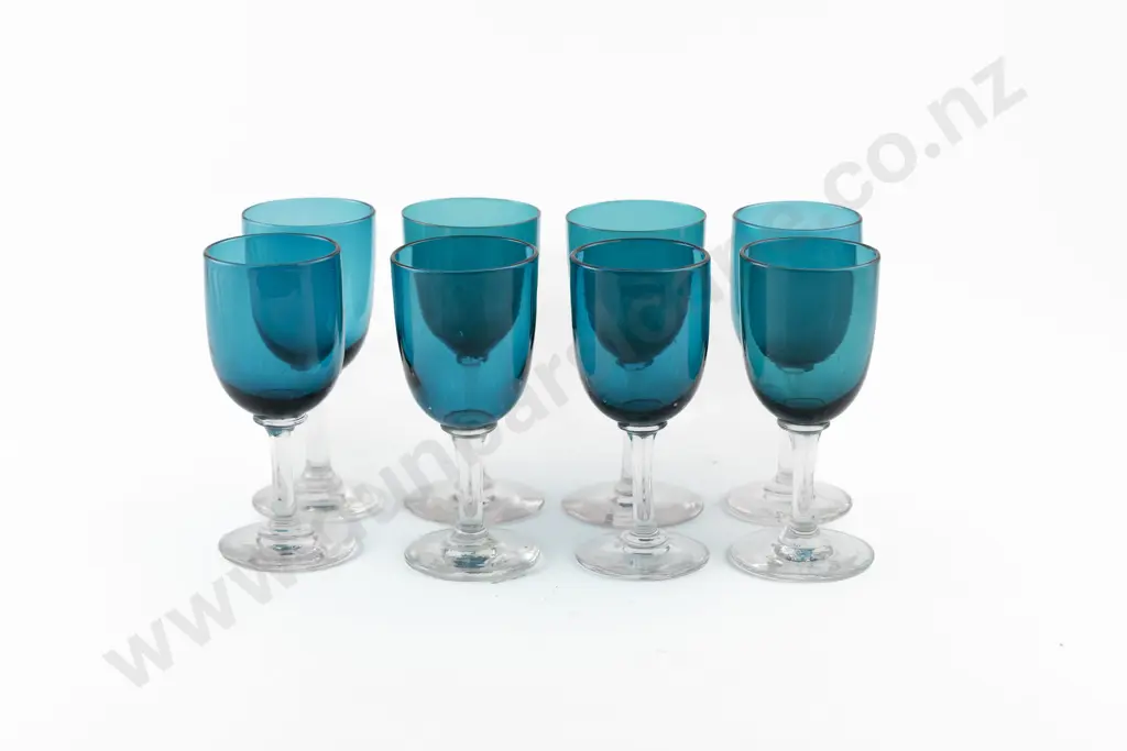 Eight Victorian Bristol Blue/Green Glass Bowled Wine Glasses Image 1++