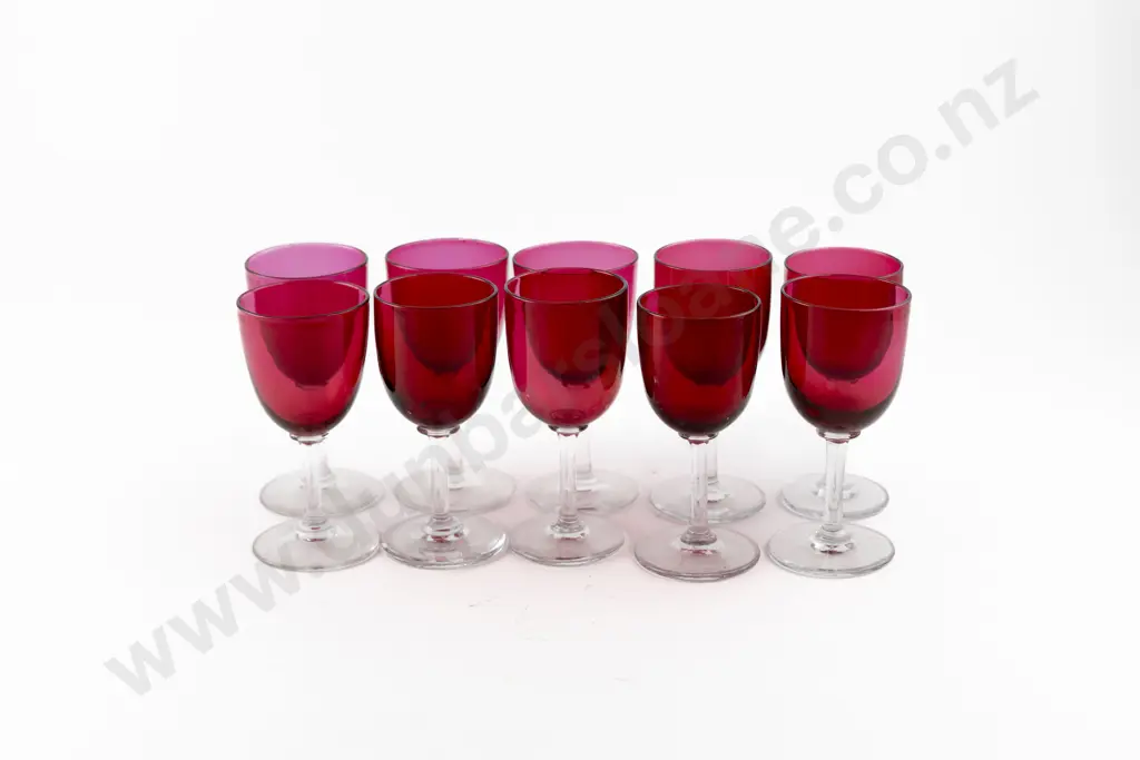 Ten Victorian Cranberry Glass Bowled Wine Glasses Image 1++