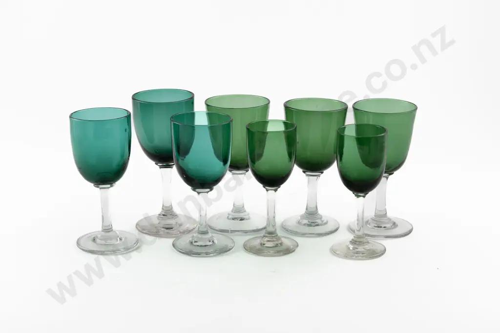 Eight Victorian Bristol Blue and Green Glass Bowled Wine Glasses Image 1++