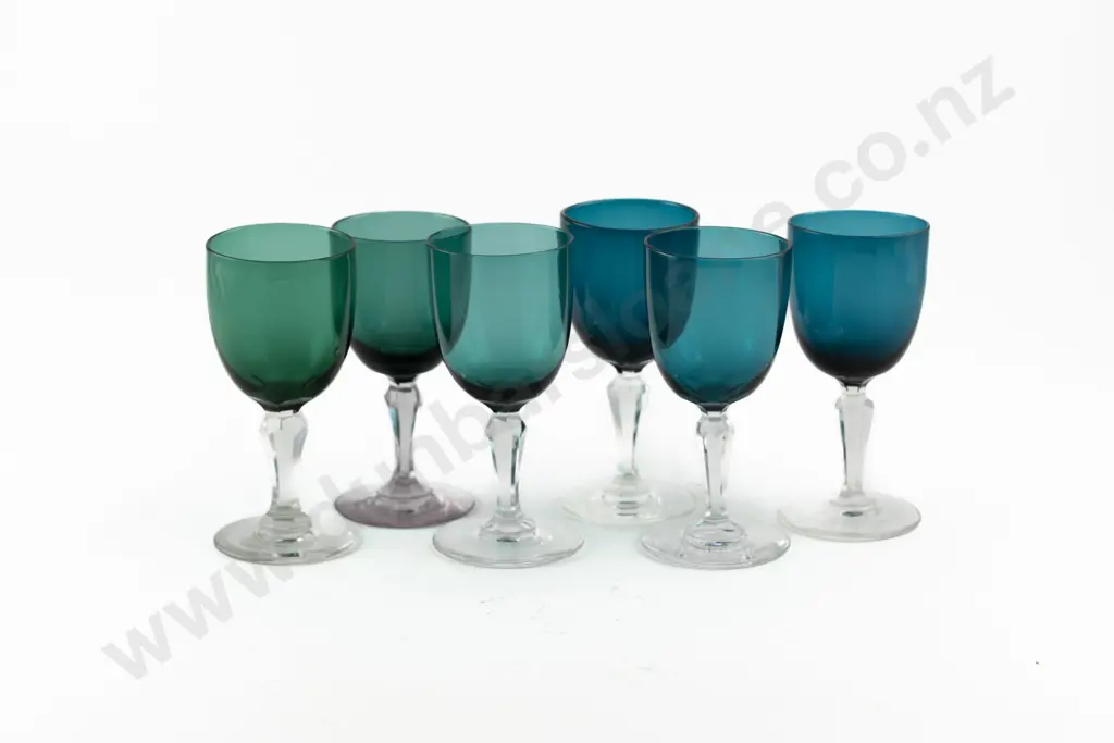Six Victorian Bristol Blue and Green Glass Bowled Wine Glasses Image 1++