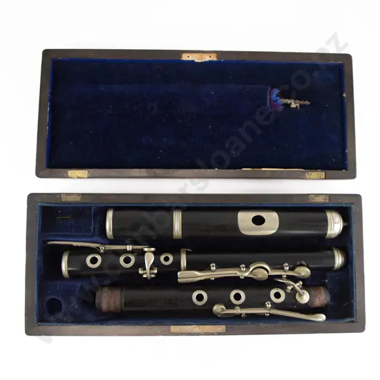 Antique Three Piece Ebony Flute In Fitted Rosewood Case