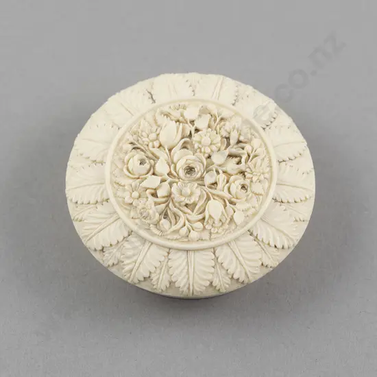Finely Carved Ivory Floral Bouquet Lidded Circular Box