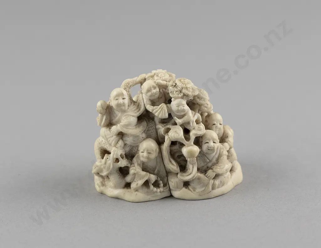 Signed Ivory Okimono Group of Immortals with Attendants Image 1++