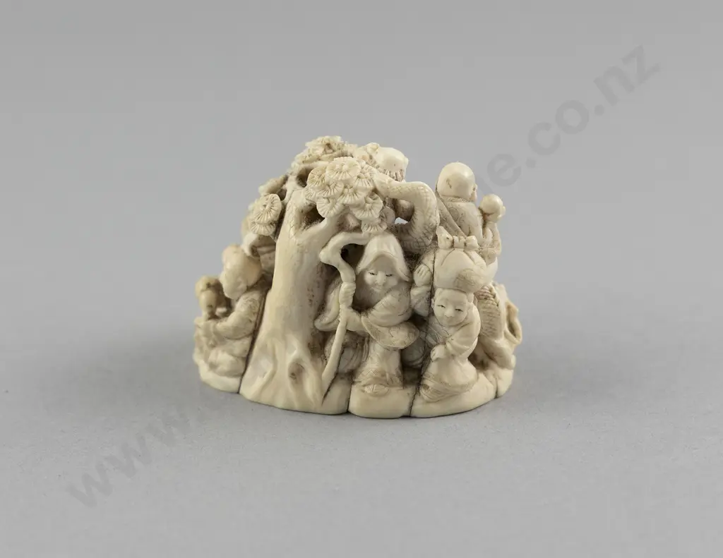 Signed Ivory Okimono Group of Immortals with Attendants Image 1++