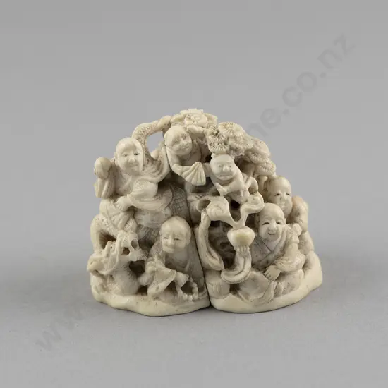 Signed Ivory Okimono Group of Immortals with Attendants