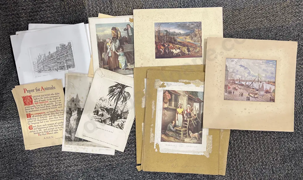 Box of Assorted Prints Etchings and Vintage Postcards Image 1++