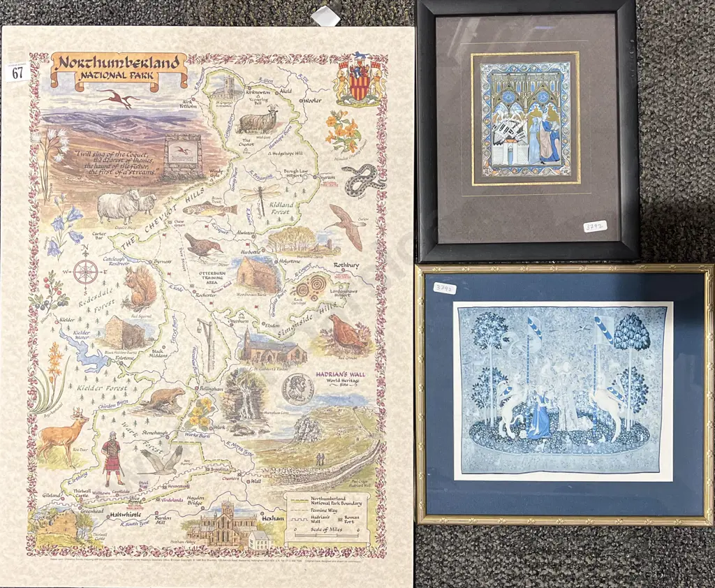 Two Framed Works Together with Map on Board Image 1++