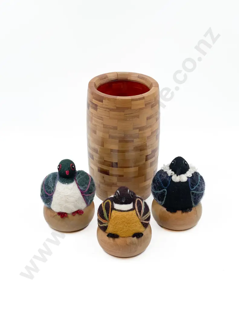 Eddie Hall Wooden Vase Together with Three Hand Knitted Birds Image 1++