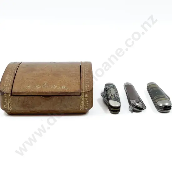 Three Assorted Pocket Knives in Leather Box