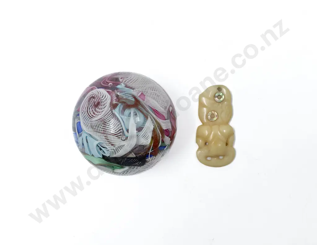 Small Carved Tiki with Art Glass Paperweight Image 1++