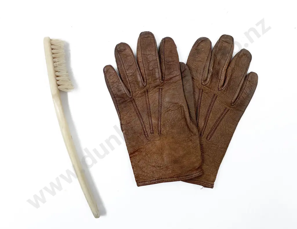 Pair of Leather Children's Gloves and Bone Toothbrush Image 1++