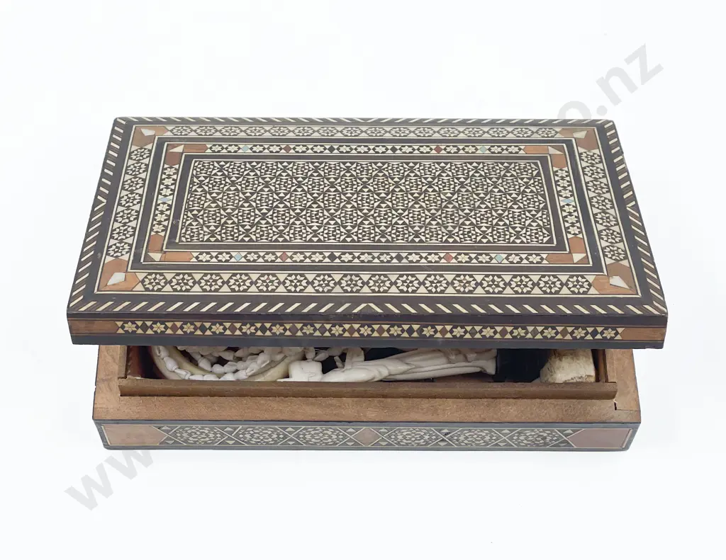 Inlaid Box with Assorted Bone and Resign Ornaments and Jewellery Image 1++