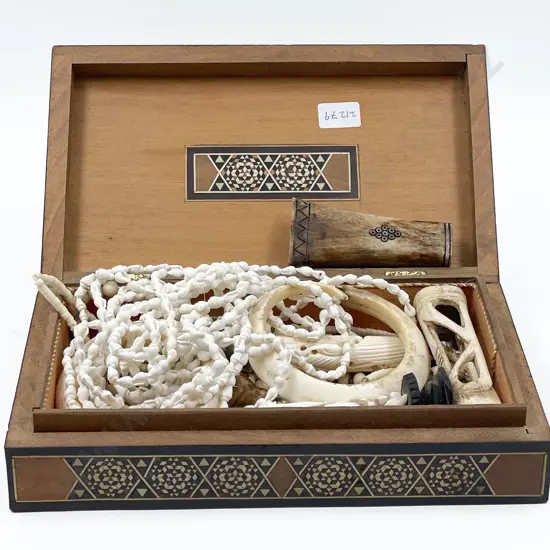 Inlaid Box with Assorted Bone and Resign Ornaments and Jewellery