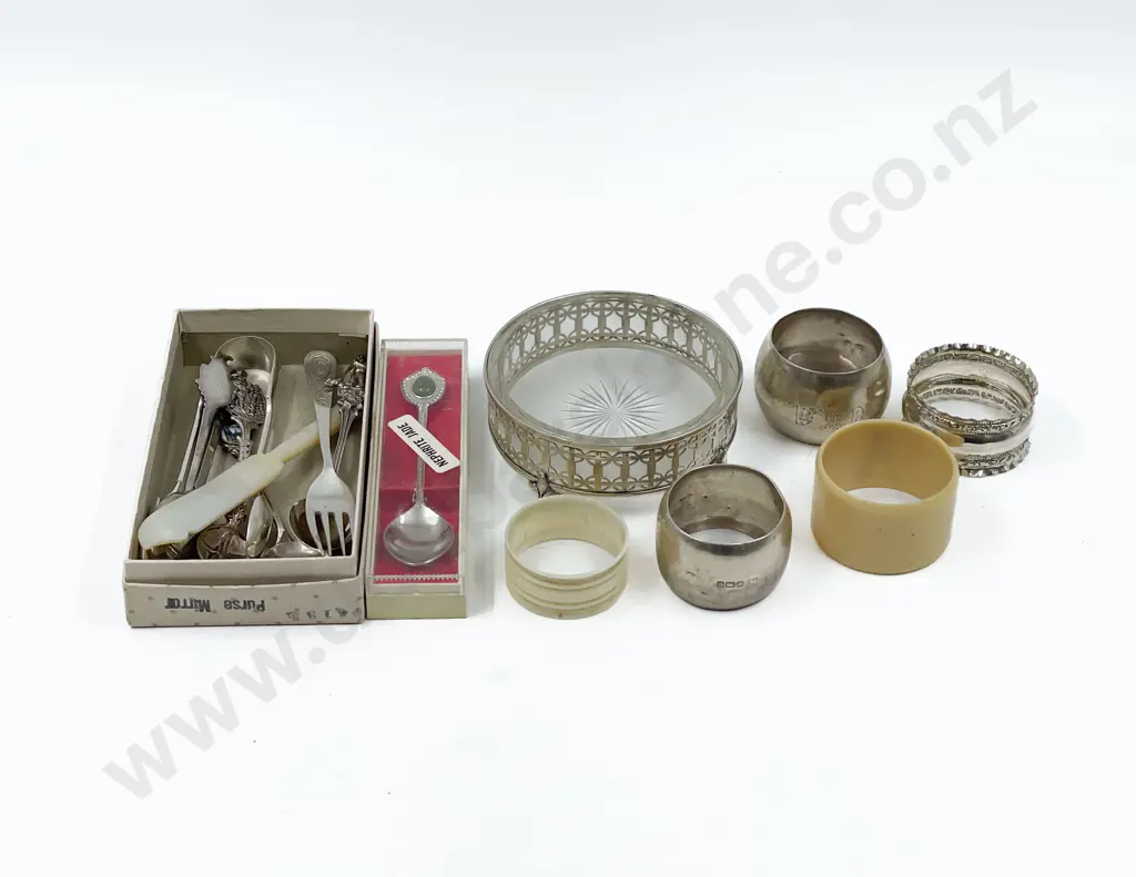 Three S/S Napkin Rings two others s/s dish and various souvenir spoons Image 1++