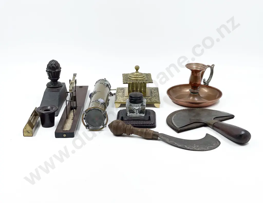 Quantity of Assorted Metal Ware Including Inkwells Hand Tools and Measure etc Image 1++