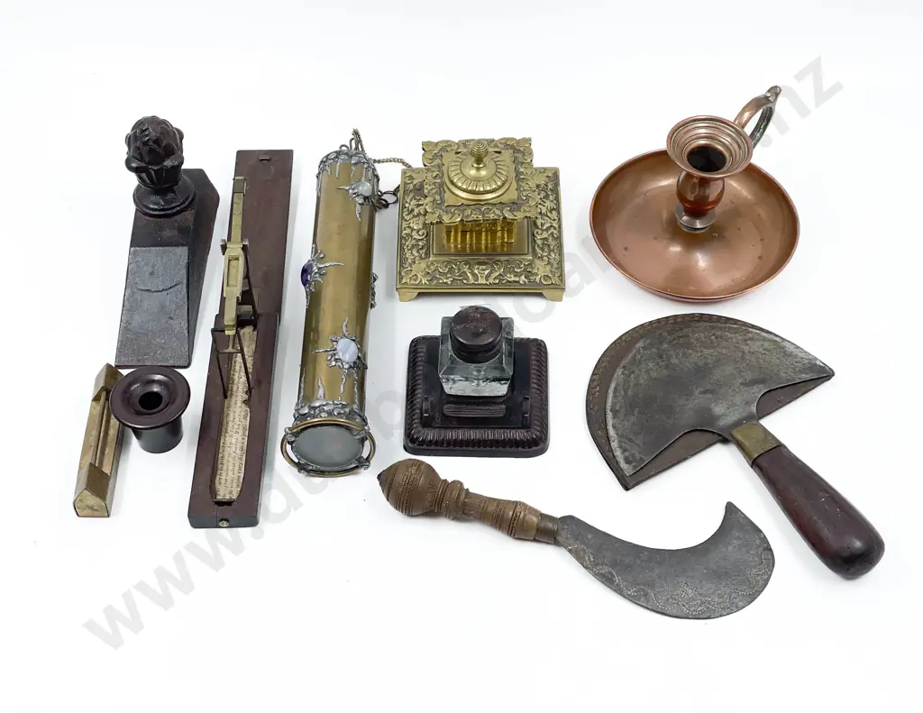 Quantity of Assorted Metal Ware Including Inkwells Hand Tools and Measure etc Image 1++