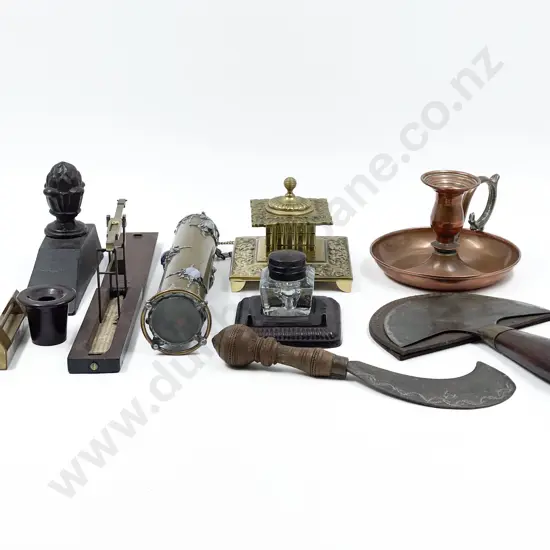 Quantity of Assorted Metal Ware Including Inkwells Hand Tools and Measure etc
