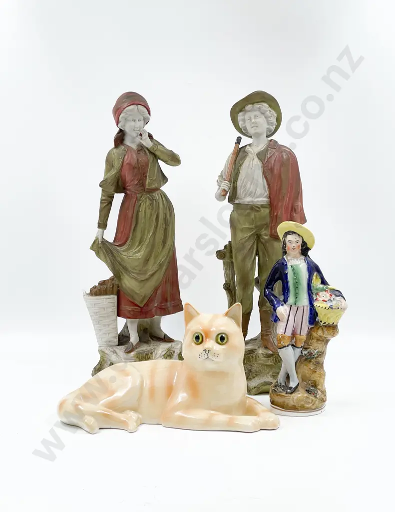 Pair of China Figures Together with Staffordshire Figure and Cat Ornament Image 1++