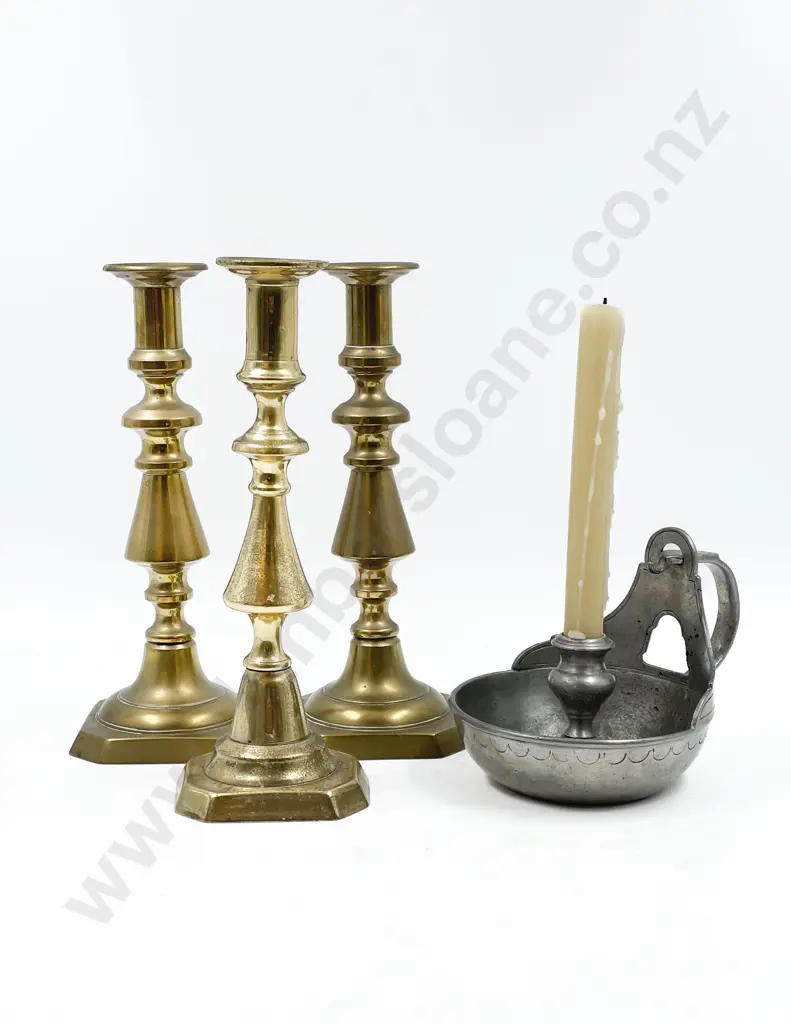 Three Brass Candlesticks with Pewter Candle Holder Image 1++