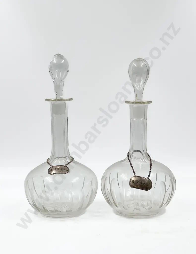 Pair of Glass Decanters with Two Silver Decanter Labels Image 1++