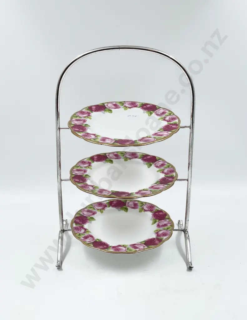 Three Royal Albert Old English Rose Plates on Three Tier Stand Image 1++