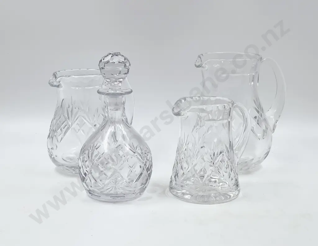 Three Crystal Jugs Together with Small Decanter Image 1++