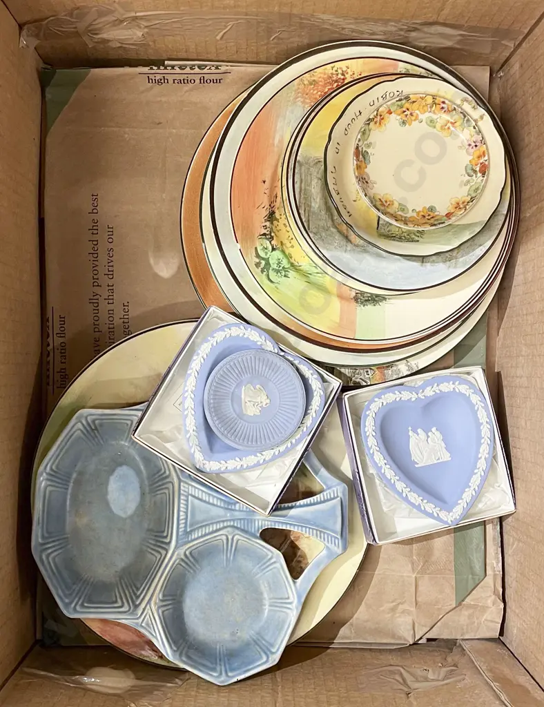 Box of Assorted China Including RD and Wedgwood Image 1++