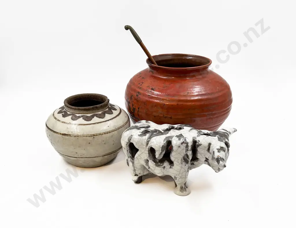Two Pottery Vases with Pottery Bull Image 1++