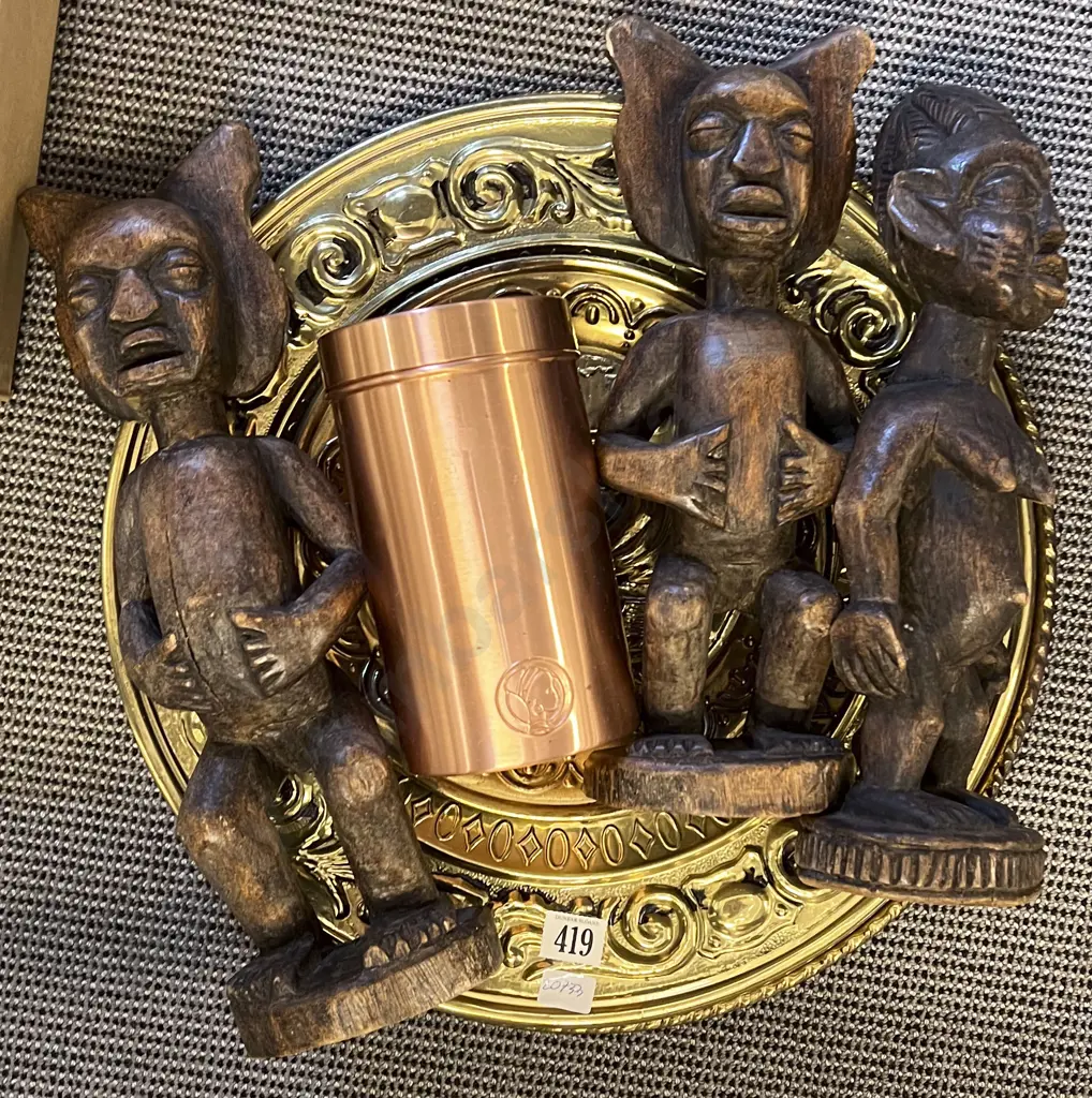 Quantity of Assorted Including Brass Wall-hangings and Carved Figures Image 1++
