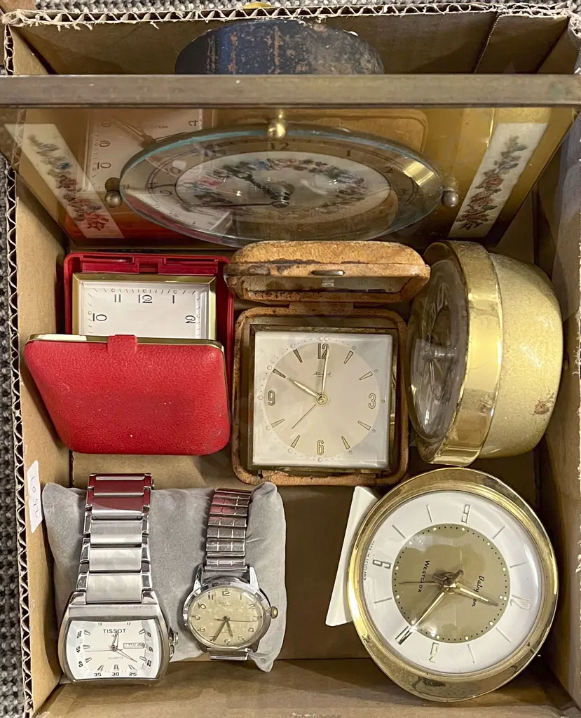 Box of Assorted Alarm Clocks and Wrist Watches etc Image 1++