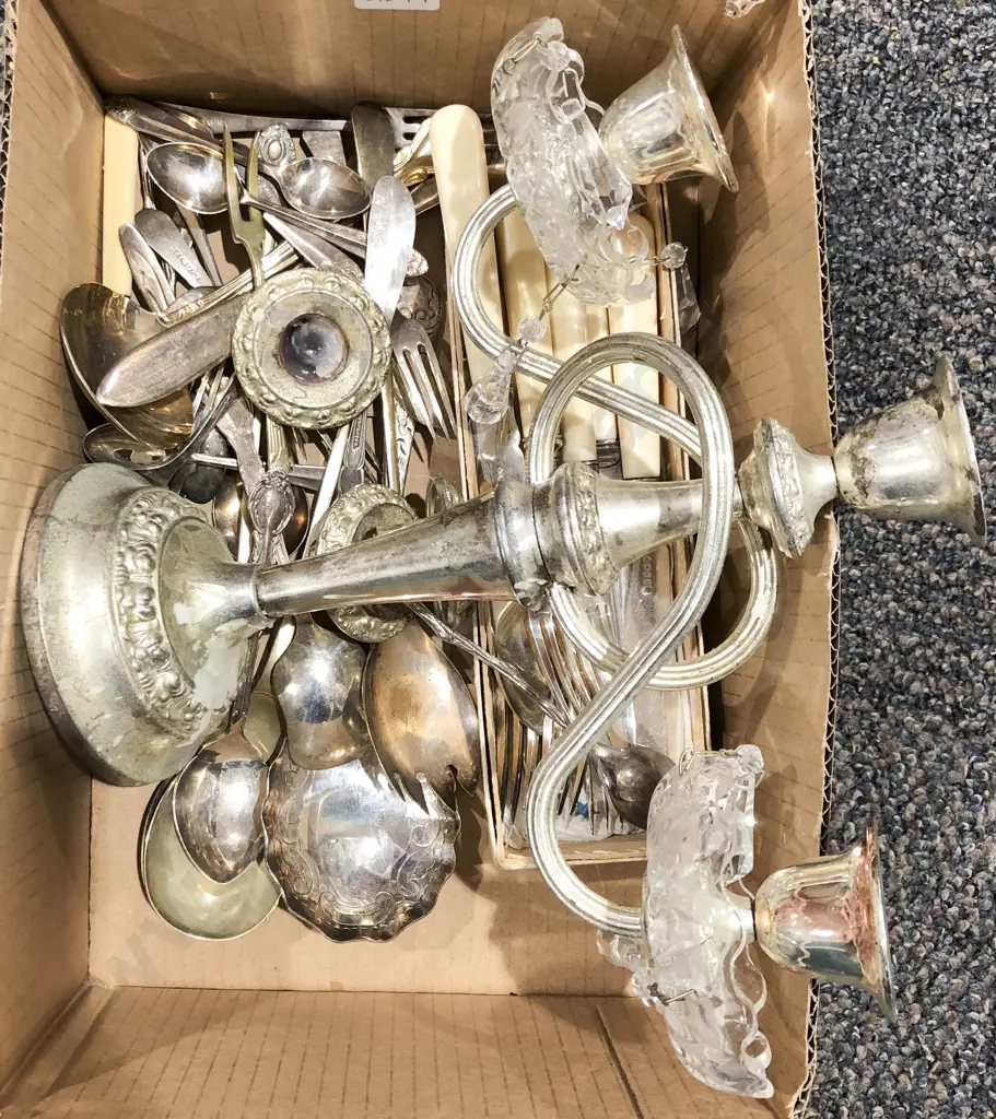 Box of Assorted Cutlery together with Candelabra Image 1++