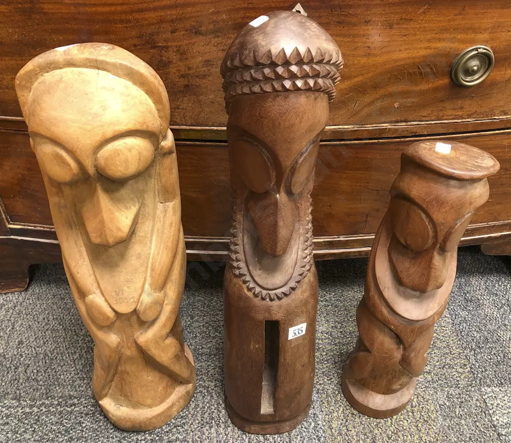 Three Ambrym Island Style Carved Figures Including Slit Drum Image 1++