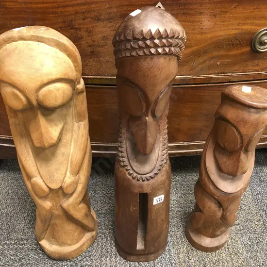 Three Ambrym Island Style Carved Figures Including Slit Drum