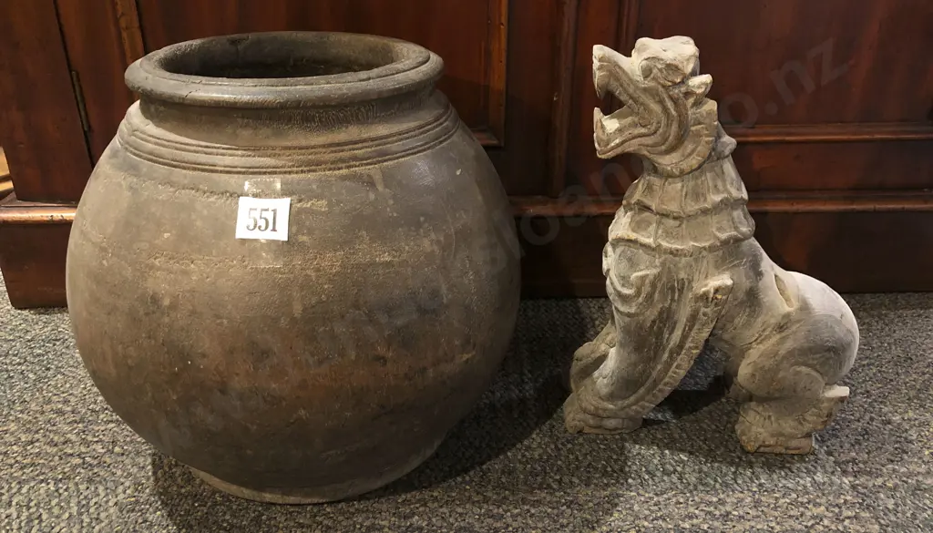 Vintage Wooden Vase Together with carved Temple Lion Image 1++