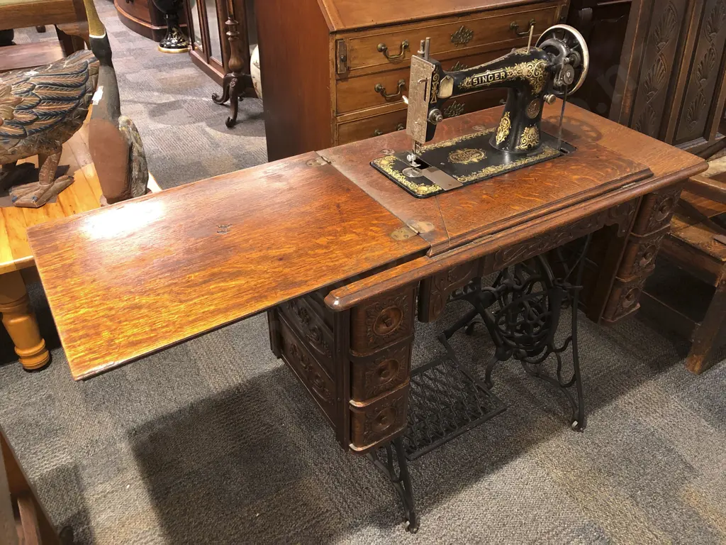 Cased Singer Sewing Machine on Treadle Base Image 1++
