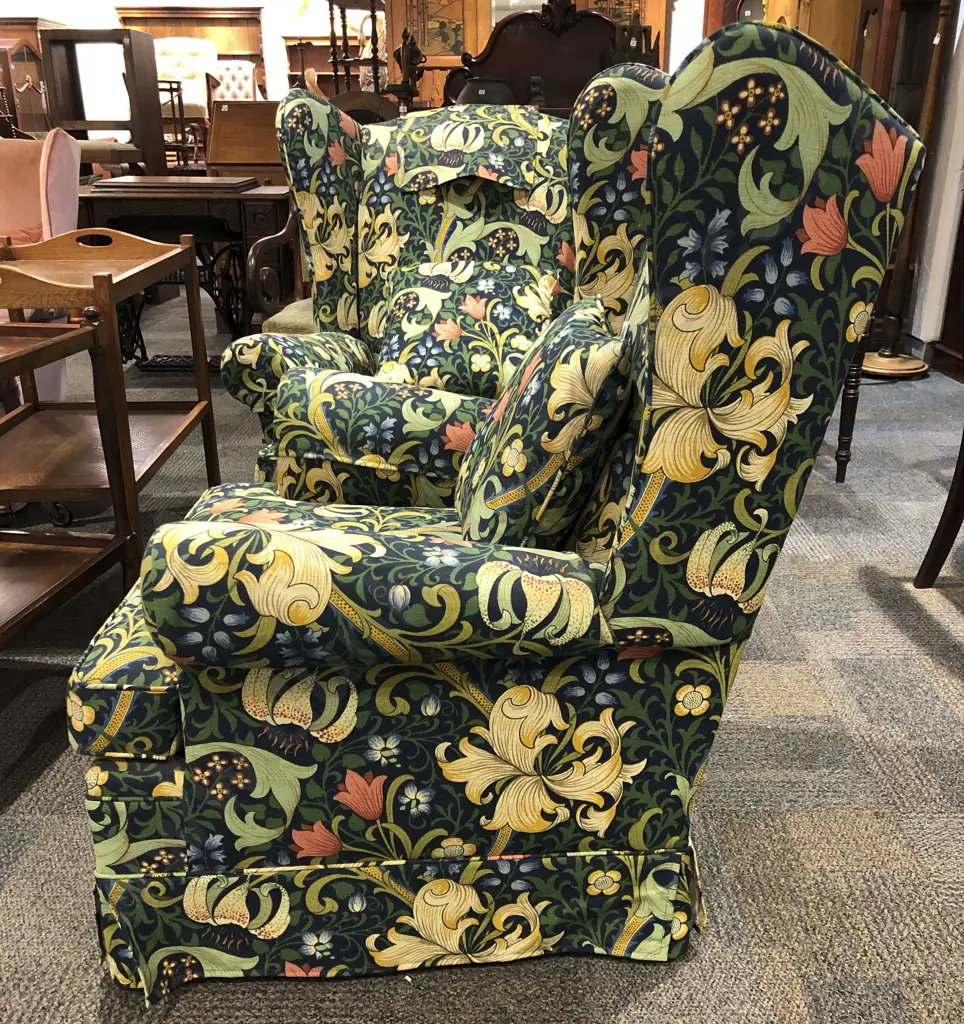 Pair of Wingback Armchairs Upholstered in William Morris Fabric Image 1++