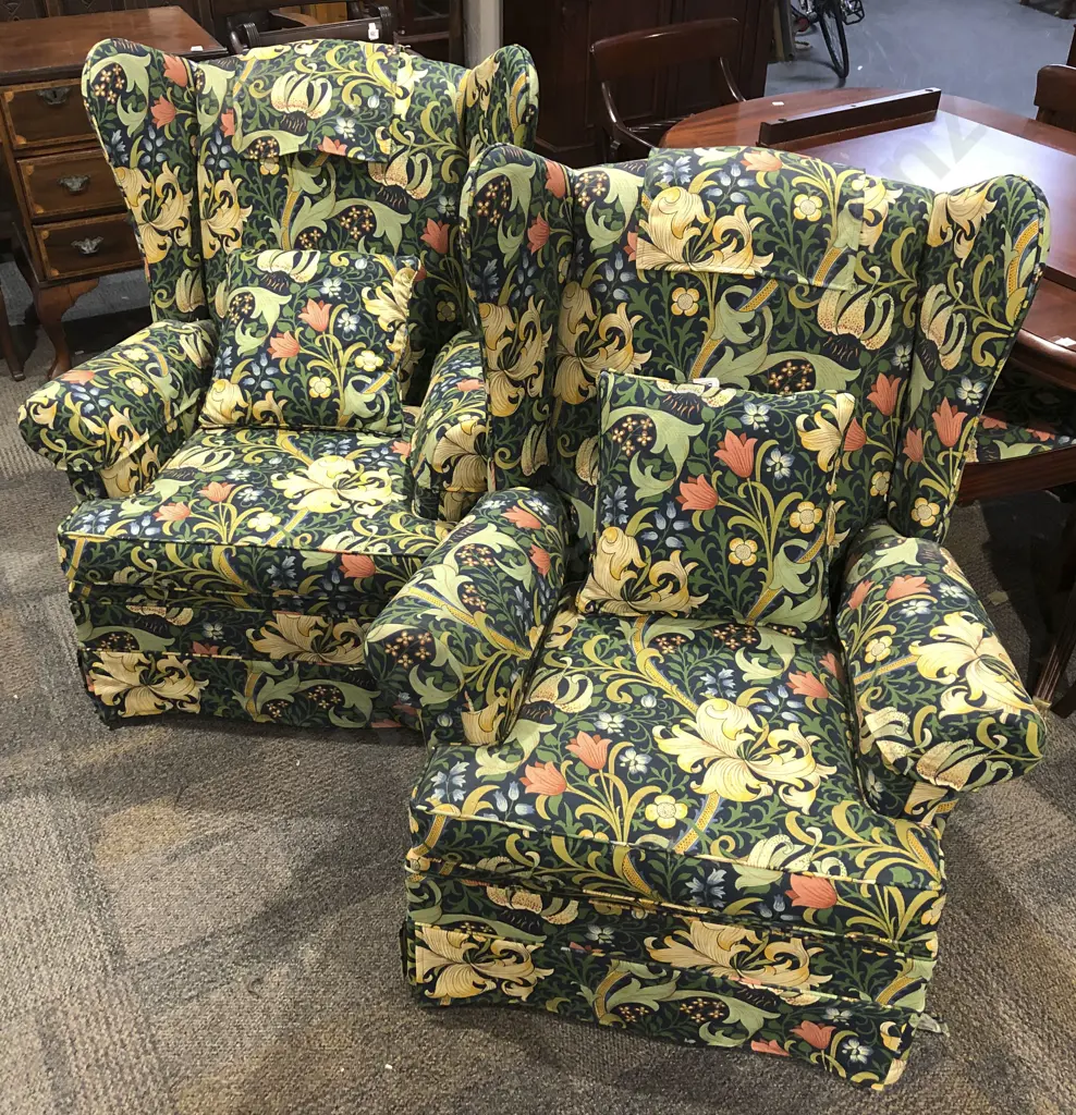 Pair of Wingback Armchairs Upholstered in William Morris Fabric Image 1++