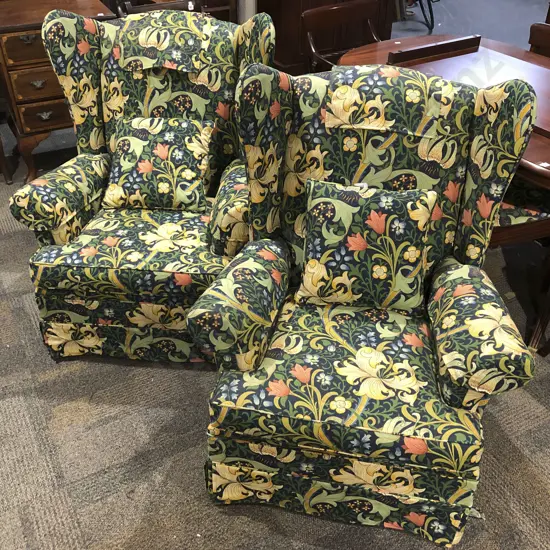 Pair of Wingback Armchairs Upholstered in William Morris Fabric