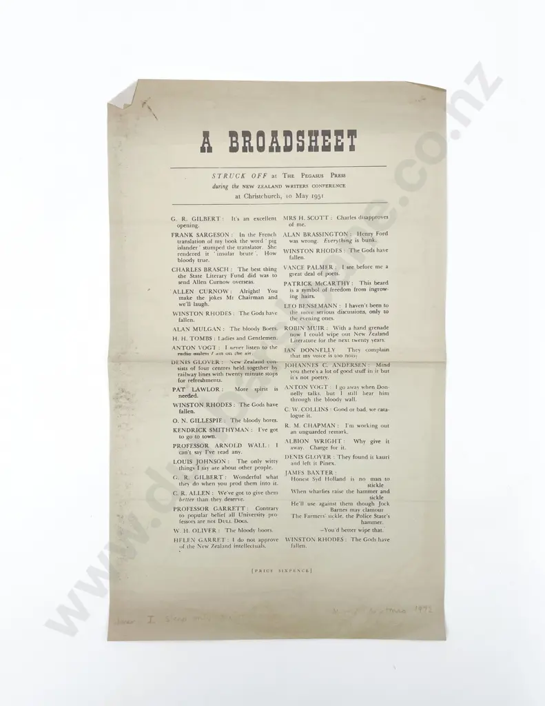 A Broadsheet of The Pegasus Press Christchurch N.Z. Writers Conference 10 May 1951 Image 1++