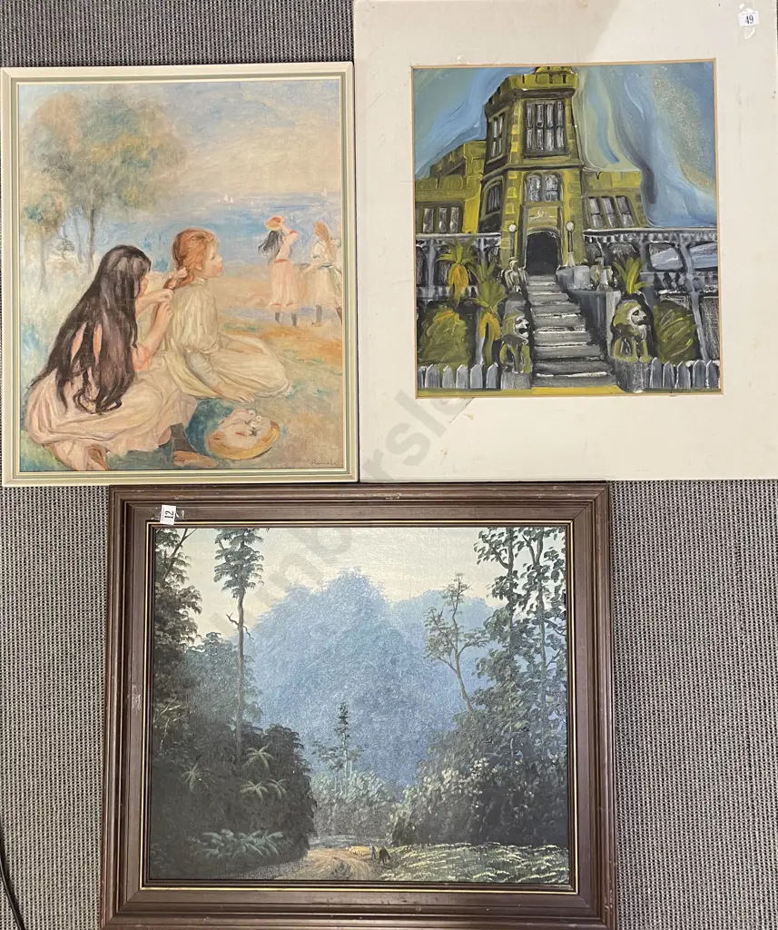 Indistinctly Signed Oil on Board Together with Print and Other Image 1++