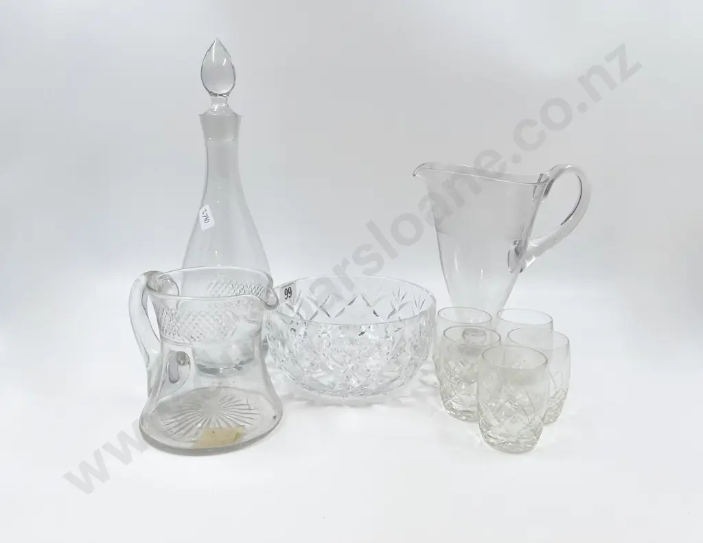 Two Glass Water Jugs with Decanter and Crystal Bowl with Glasses Image 1++