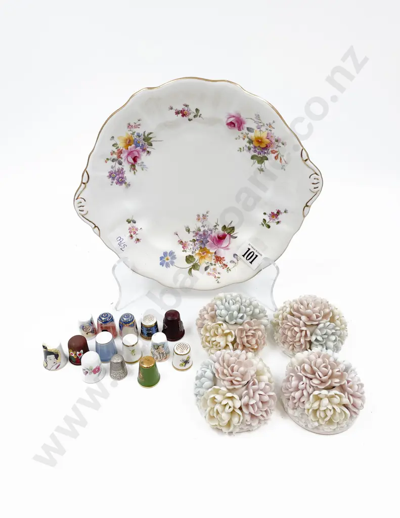 Collectors Thimbles and Four Floral Candle Sticks With Stoppers on RCD Plate Image 1++