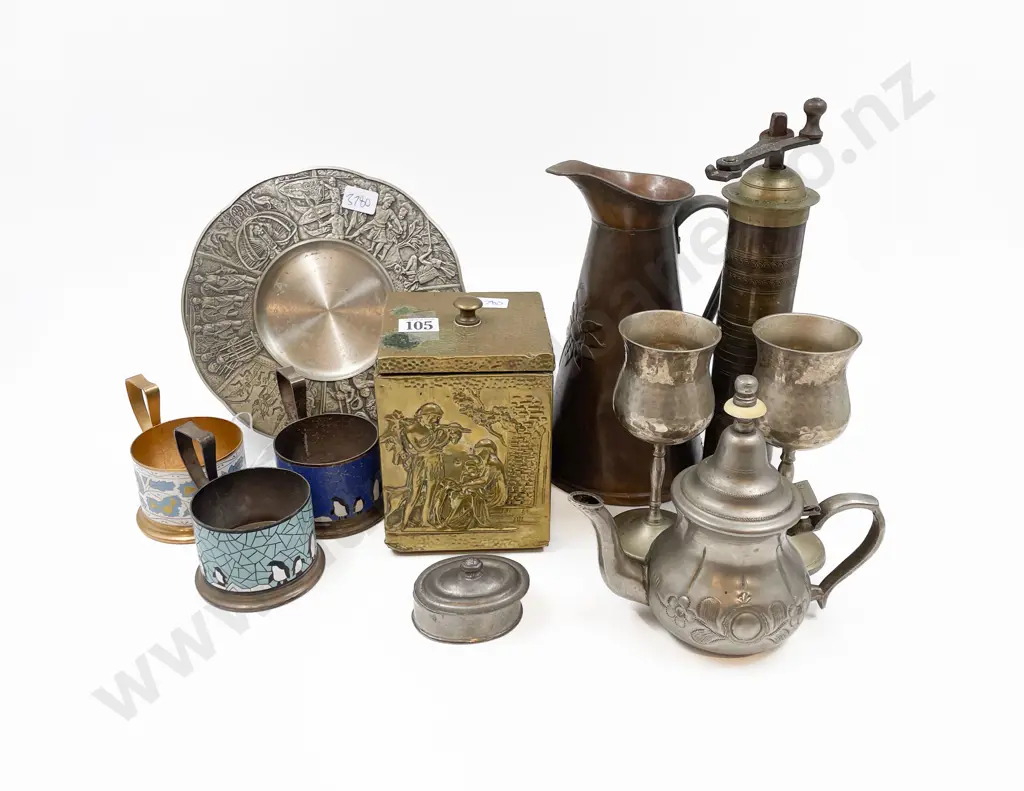 Collection of Various Metal Ware Including Tea Caddy and Coffee Grinder Image 1++