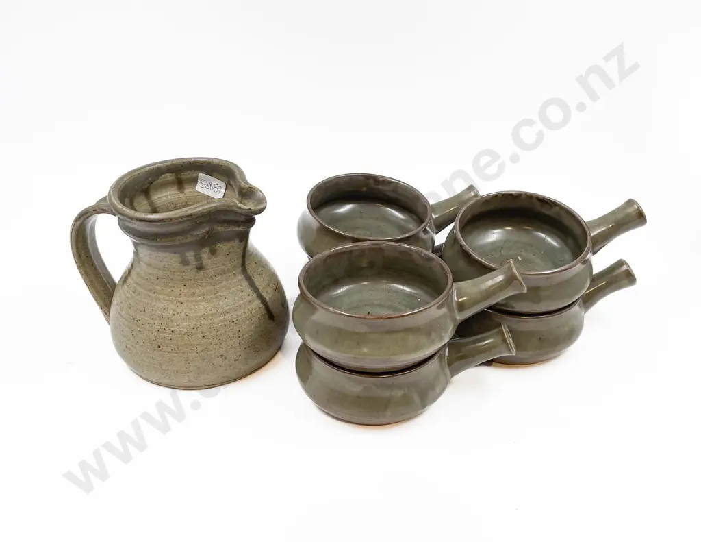 NZ Pottery Jug and Six Soup Bowls Image 1++