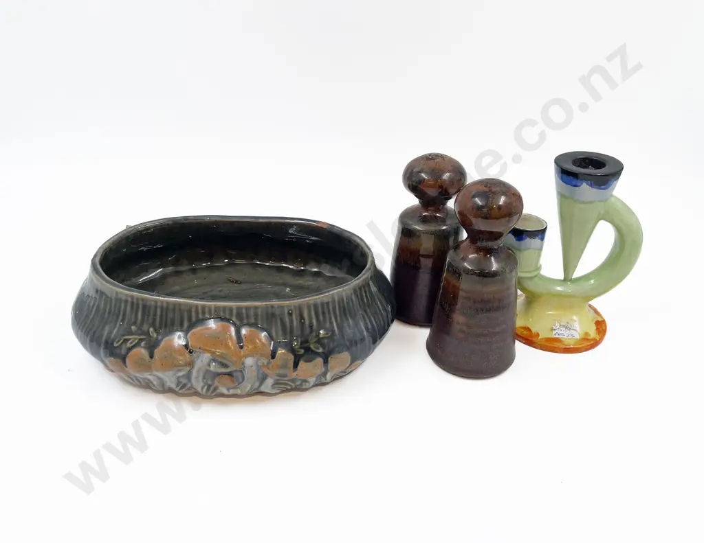 NZ Pottery Table Bowl with Pair of Condiments and English Empireware Candlestick Image 1++