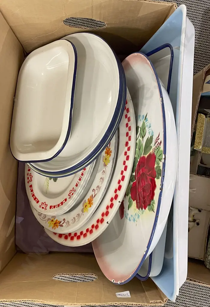 Box of Assorted Enamel Trays etc Image 1++